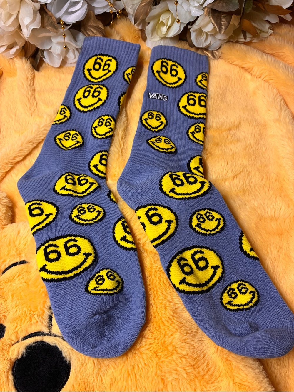 Vans Purple Crew Socks with Yellow Smiley Graphics